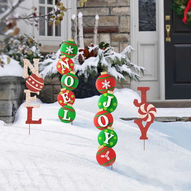 Glitzhome Christmas Metal JOY & NOEL Ornament Yard Stakes Hanging Decor - 42"H