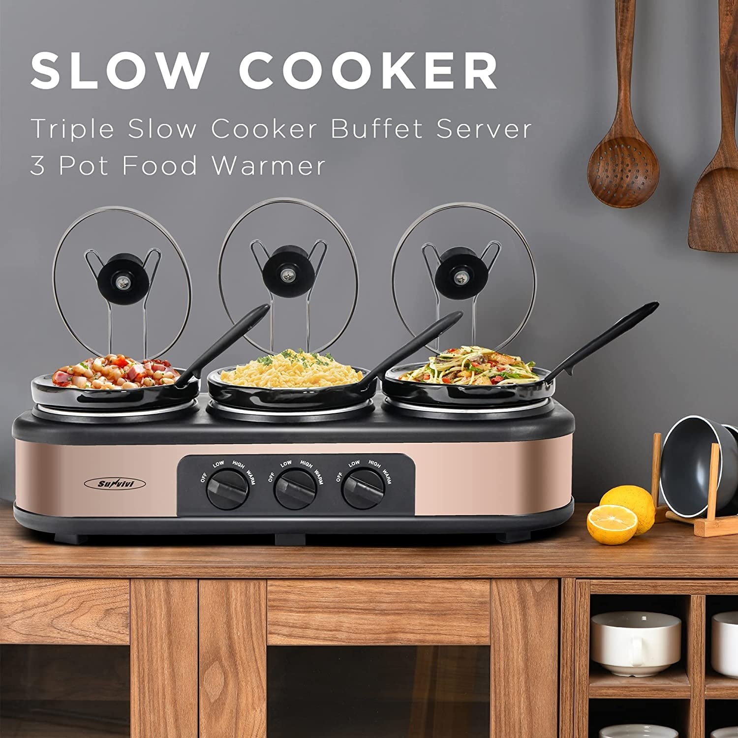 Ovente Stainless Steel Triple Slow Cooker Buffet Server, 3 Section Station  4.5 QT Ceramic Pot Food