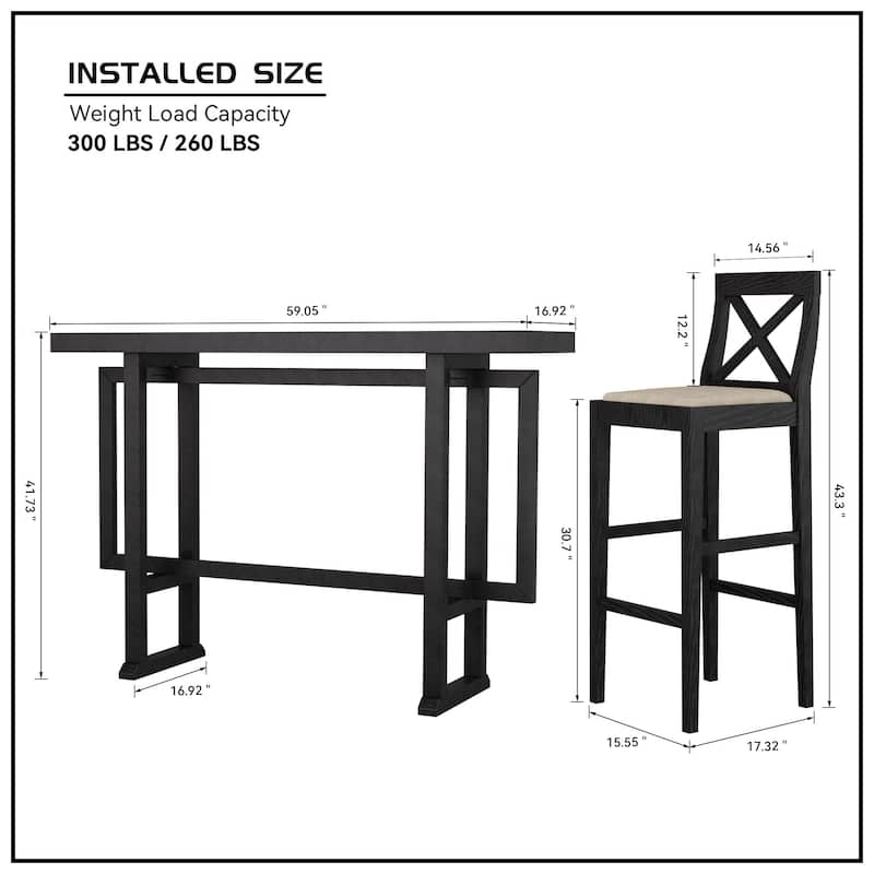 3-Piece High Top Bar Table and Chair Set, Solid Wood Frame Pub Table for Dining Room, Kitchen, 74" Rectangular Design