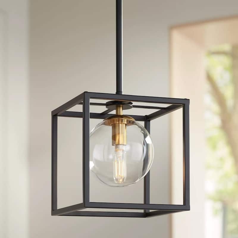 Black Cage Mini Pendant Light 8" Modern Square Open Shade Fixture - 8" x 8"