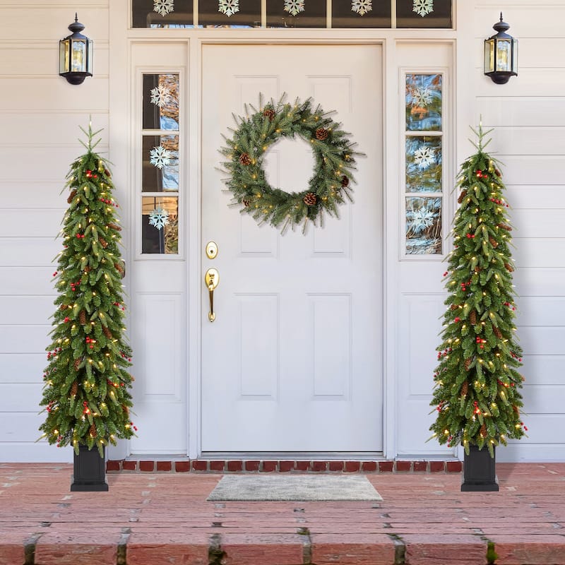 Glitzhome 4ft/6ft/7ft Pre-lit Green Artificial Christmas Porch Tree with Red Berries,Pinecones and 100 Warm White Lights - 2-Piece 6ft