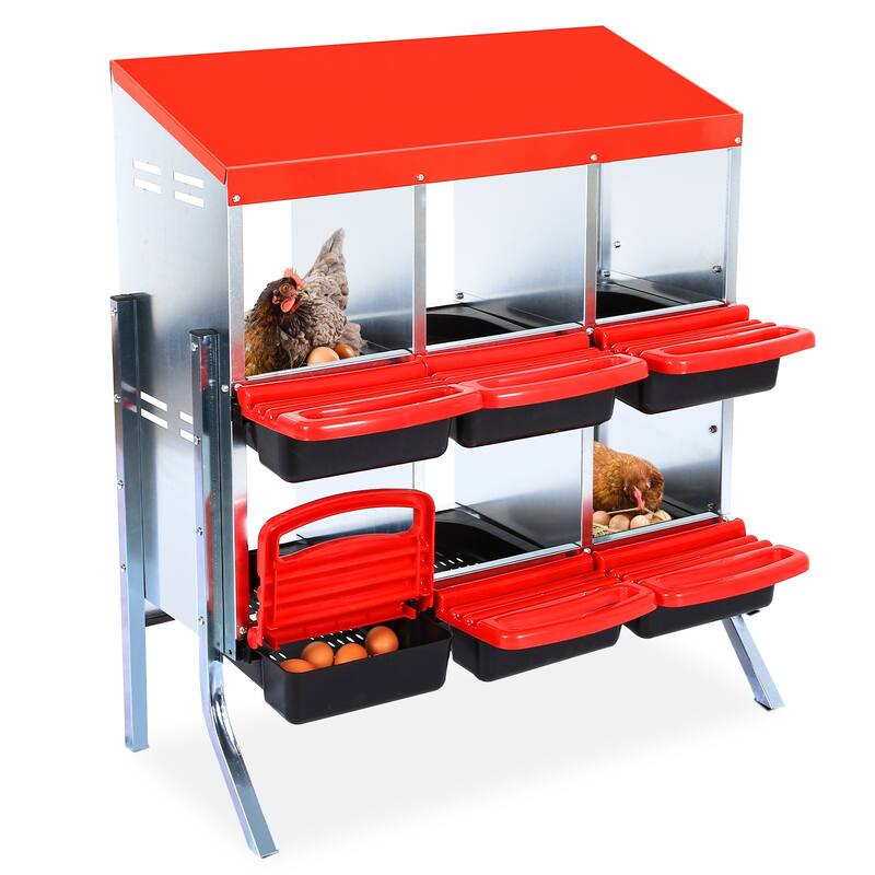 Chicken Nesting Boxes with Rollout Egg Collection - Red 6 Compartments with Legs