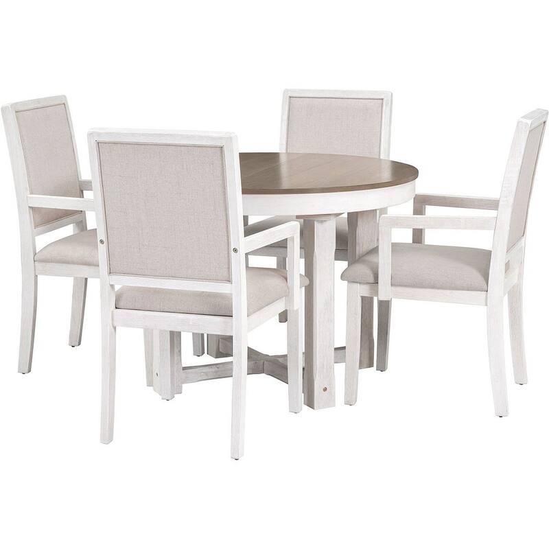 Wooden Round Drop Leaf Extendable Dining Table Set with 4 Upholstered Chairs