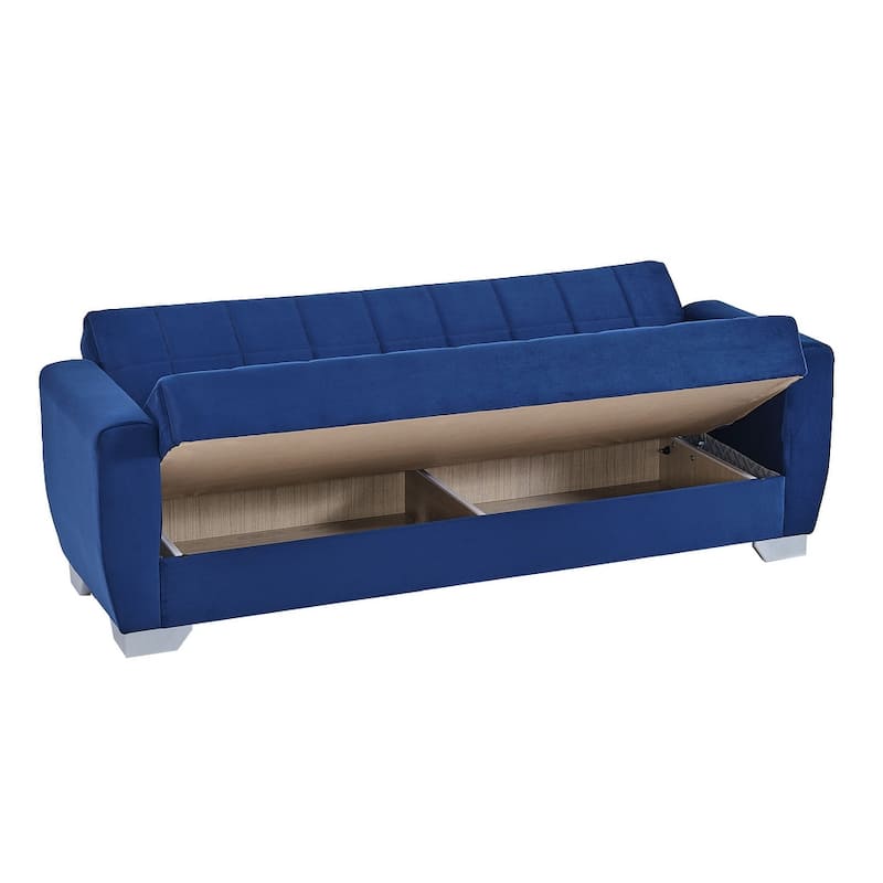HomeRoots 84" Blue Microfiber Convertible Futon Sleeper Sofa With Toss Pillows And Storage