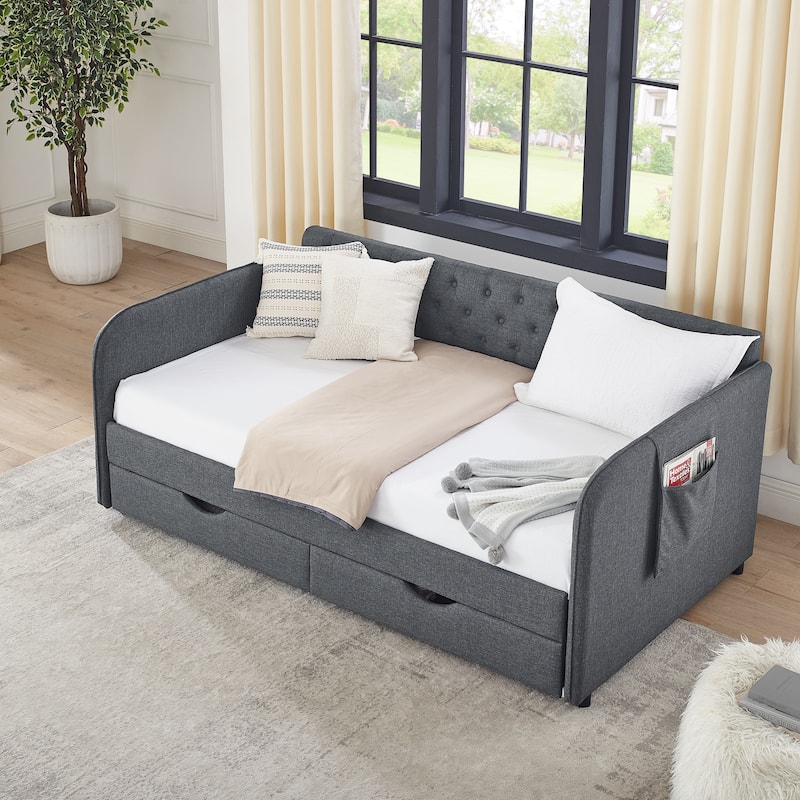 Roomfitters Twin Upholstered Daybed with Trundle, Underbed Storage and Flat Arms with Side Pocket, Extendable Design