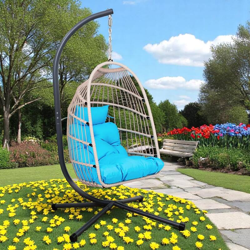 Hanging Egg Chair, Folding Hammock Swing Chair with Washable Cushion & Pillow - Portable Lounge Seating for Patio, or Garden