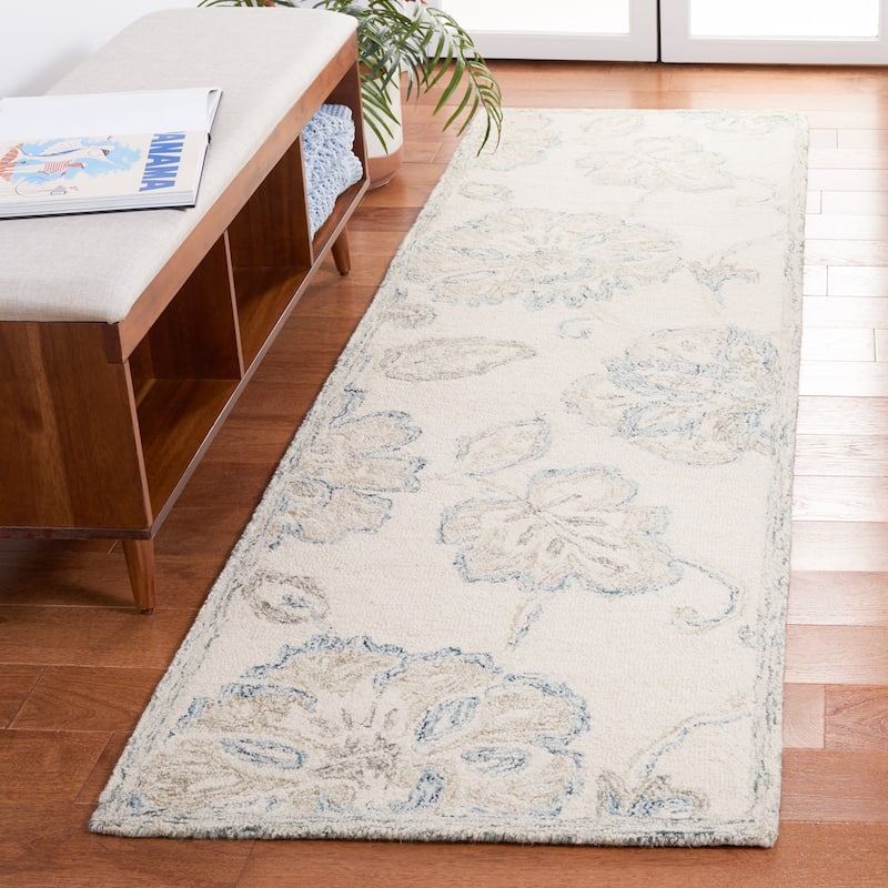 SAFAVIEH Handmade Micro-Loop Airina Floral Wool Rug - 2'3" x 8' Runner - Ivory/Blue