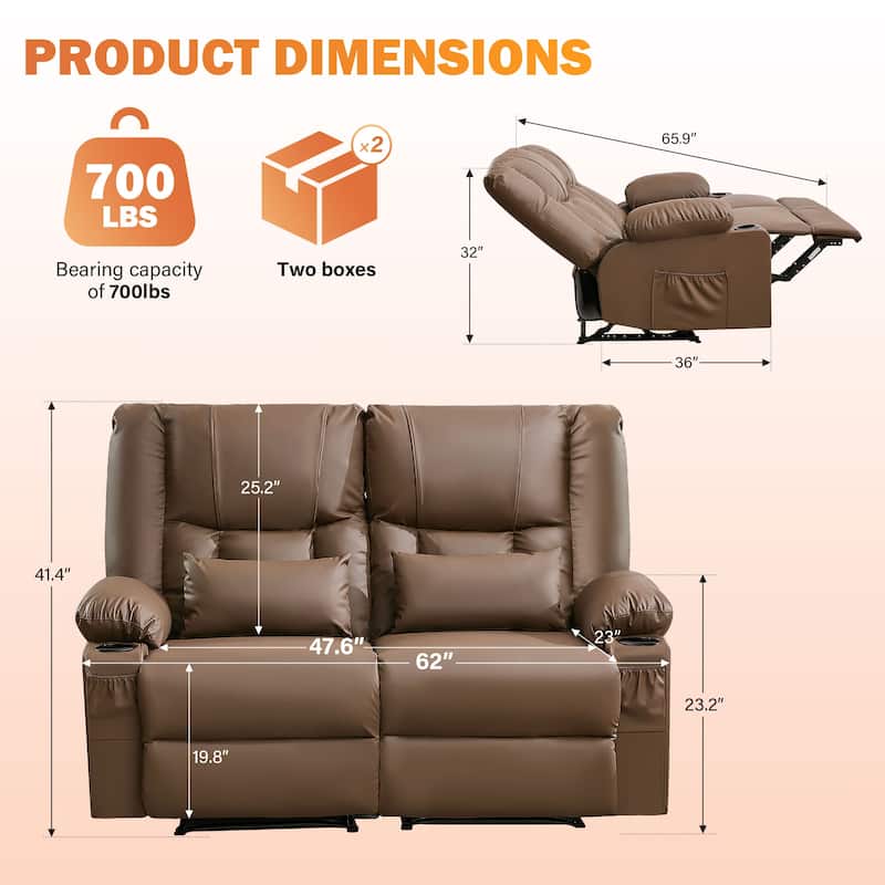 Manual Recliner Loveseat with Massage & Heating, Cup Holders & Side Pocket for Living Room