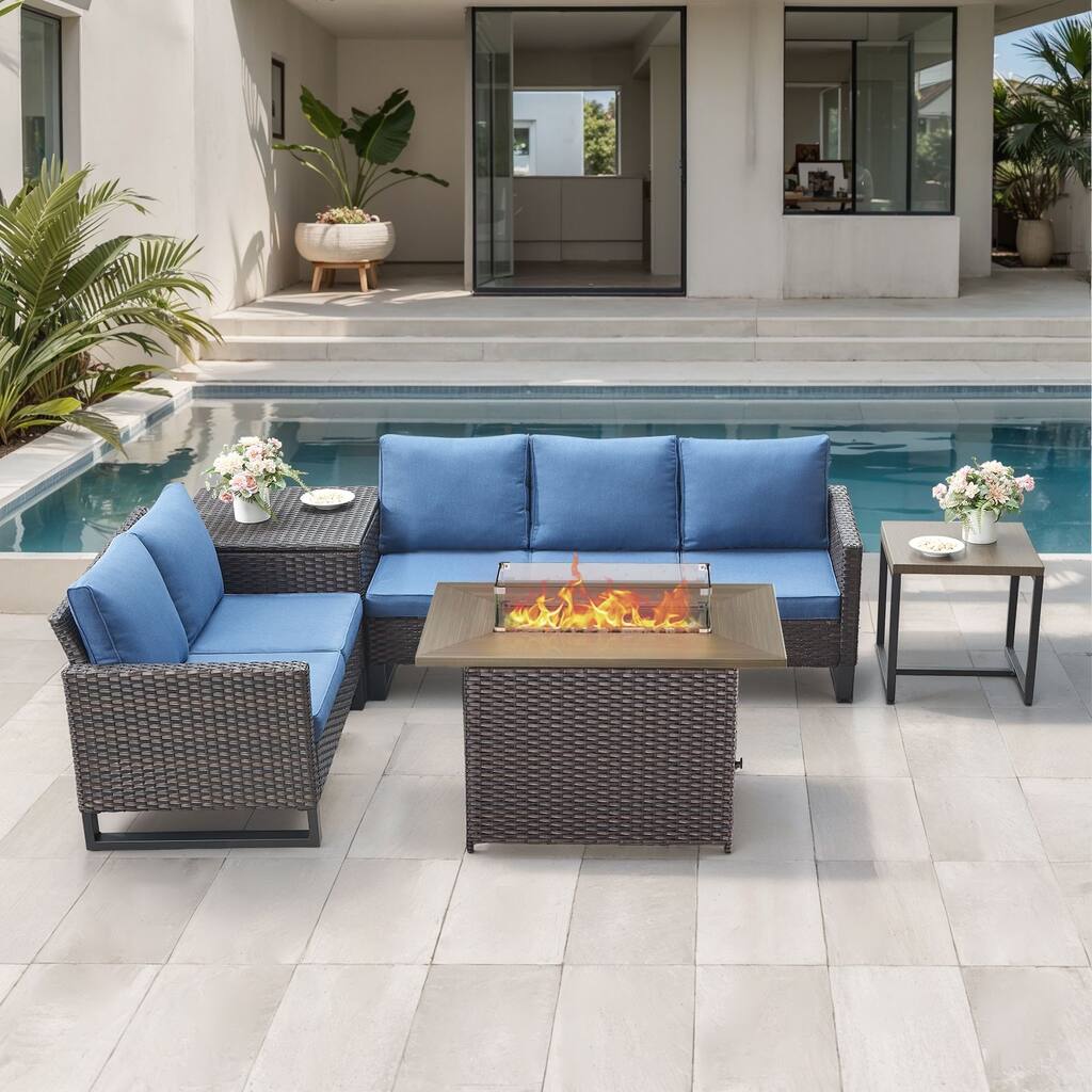 Gymojoy 5 Piece Wicker Outdoor Patio U-shaped feet Conversation Set Group , Include Fire Pit Table