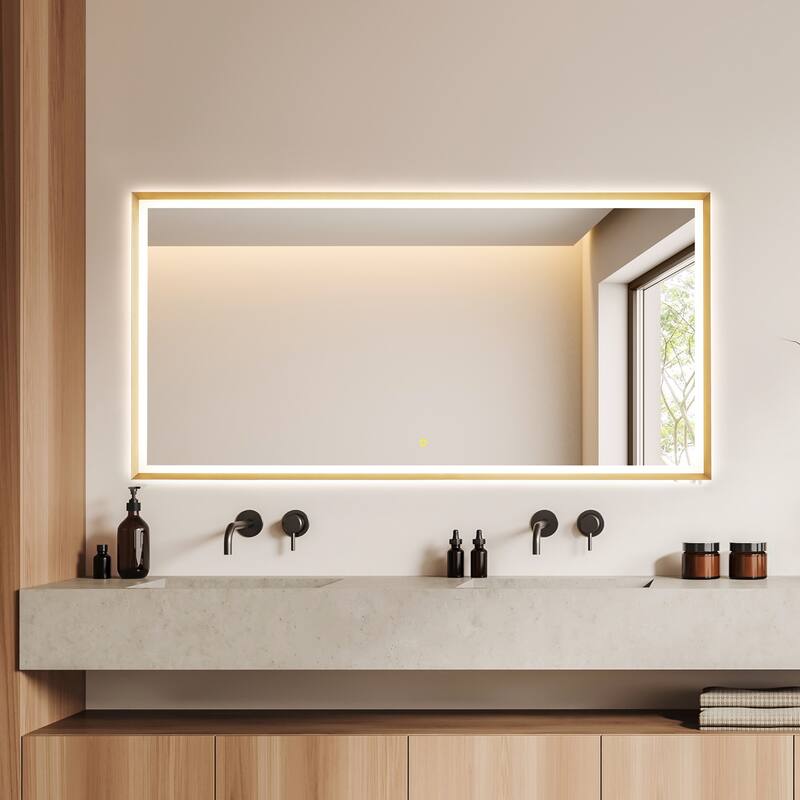 Apollo Rectangular Anti-Fog Dimmable Modern Bathroom/Vanity LED Lighted Wall Mirror in Brushed Gold Aluminum Framed