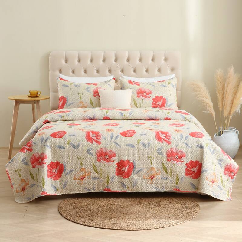 Pink Plaid Patchwork Quilt Set Bedspread - Queen - Red Floral