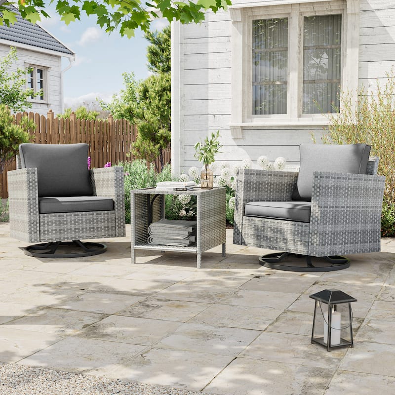 BONOSUKI 3Pcs Patio Swivel Rocking Sofa Set Grey Rattan w/Side Table - Grey