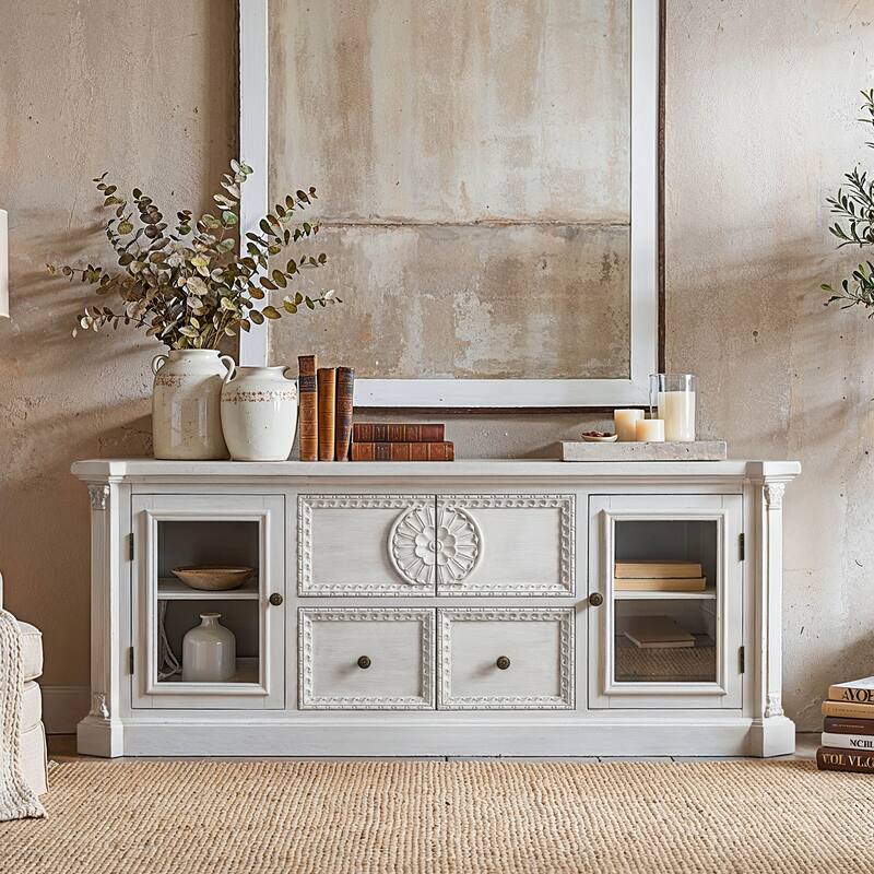 Farmhouse TV Stand with Storage, Solid Wood Media Console Cabinet for Living Room, Fully Assembled