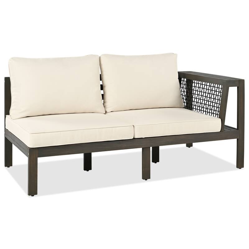 4-Pieces Outdoor Acacia Wood L-Shaped Sectional Sofa Set with Coffee Table and Arm Side Table