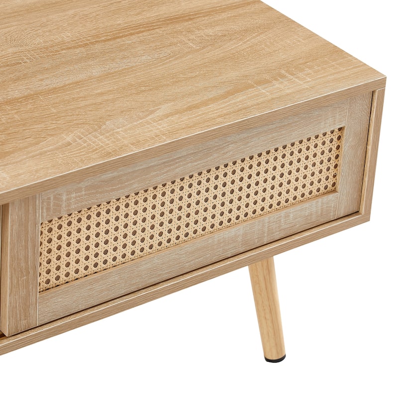 41.34" Farmhouse Coffee Table Featuring Sliding Door Rattan Coffee Table Center Sofa Table With Solid Wood Legs