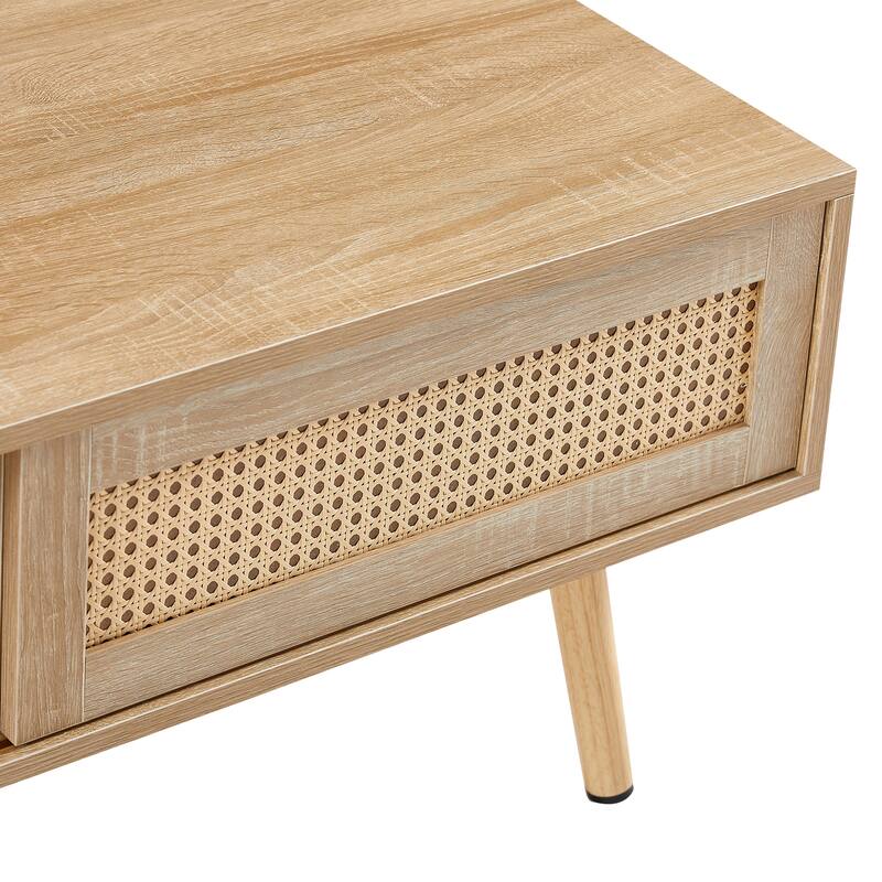 41.34" Rattan Coffee table, sliding door for storage, solid wood legs, Modern table