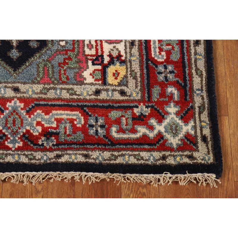 Geometric Blue Heriz Serapi Foyer Rug Hand-Knotted Wool Carpet - 3'0" x 4'11"