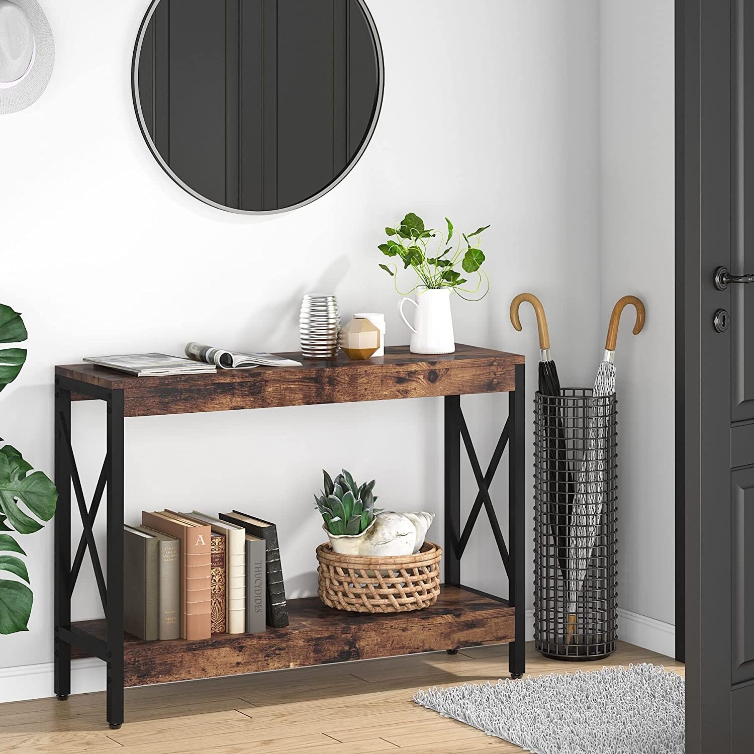 43" Narrow Console Table for Entryway, Industrial Wood Accent Sofa Table with Storage Shelves