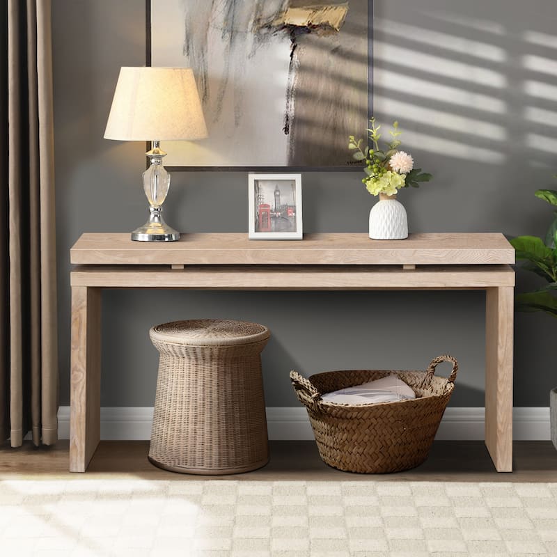 60" Farmhouse Wooden Console Table with Double Board Suspension Design - Antique Natural+White Washed
