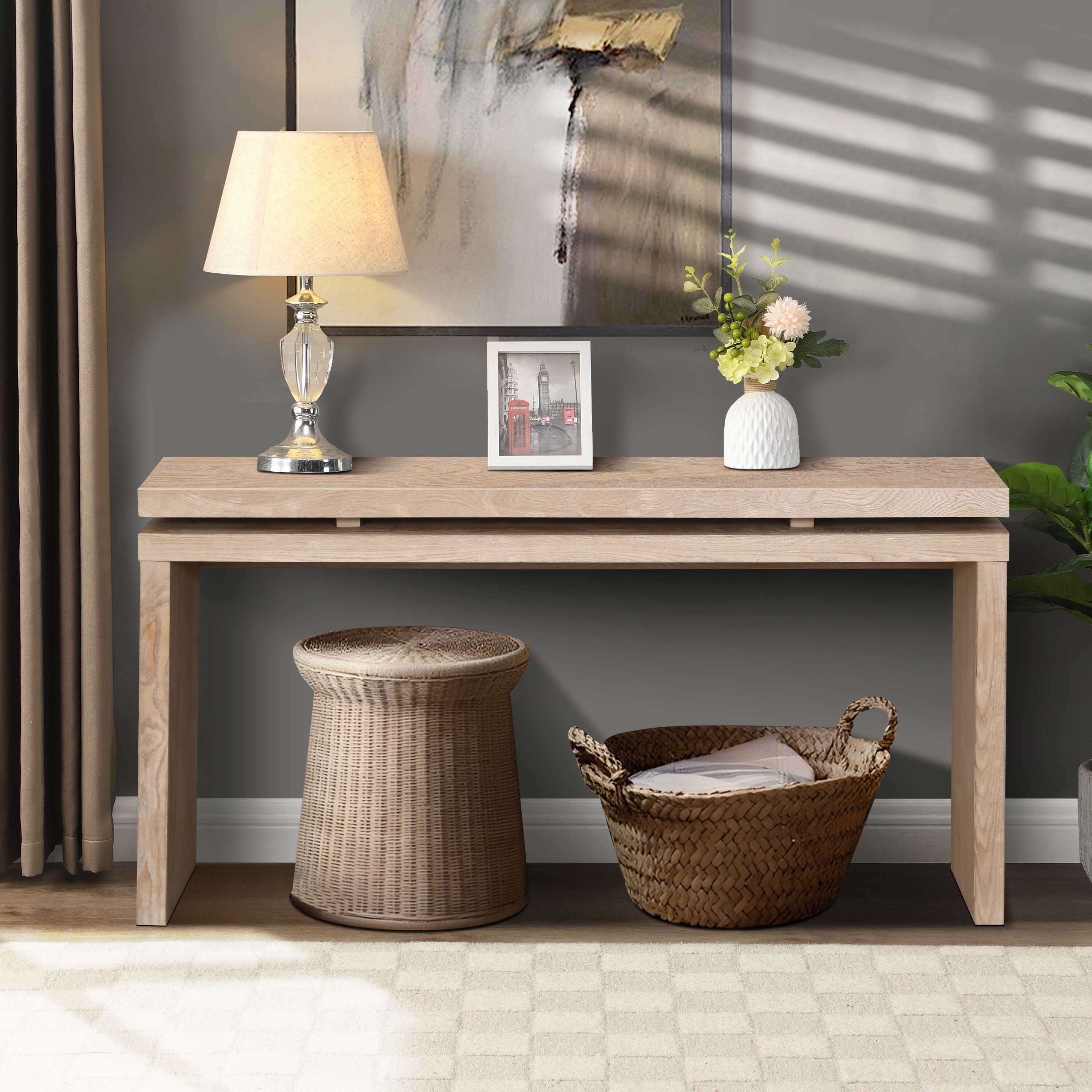 60'' Farmhouse Console Table,Retro Wooden Entryway Table with Double Board Suspension Design