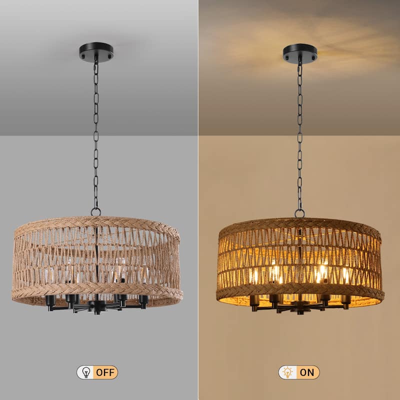 6-Light 19.6-inch Rattan Drum Chandelier for Dining Room Kitchen - 19.68"x7.87"