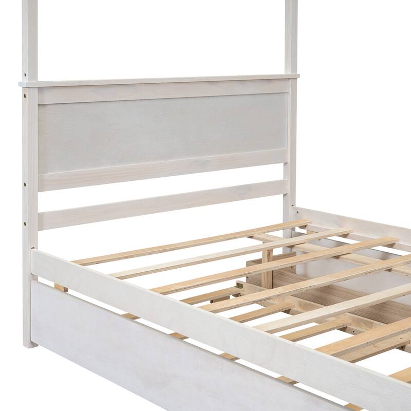 Pine Wood Canopy Platform Bed with Trundle & Drawers