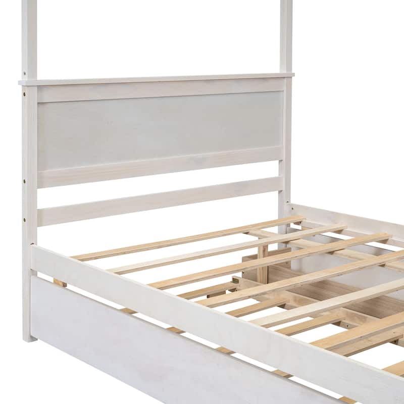 White Brushed Full Canopy Bed with Trundle, Storage Drawers, and Support Slats