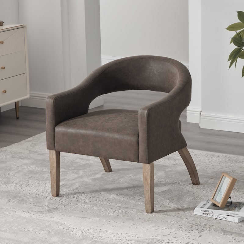 Modern Upholstered PU Open Back Accent Armchair Barrel Dining Chair with Weathered Rubberwood Legs, Hollow-Out Side Club Chair