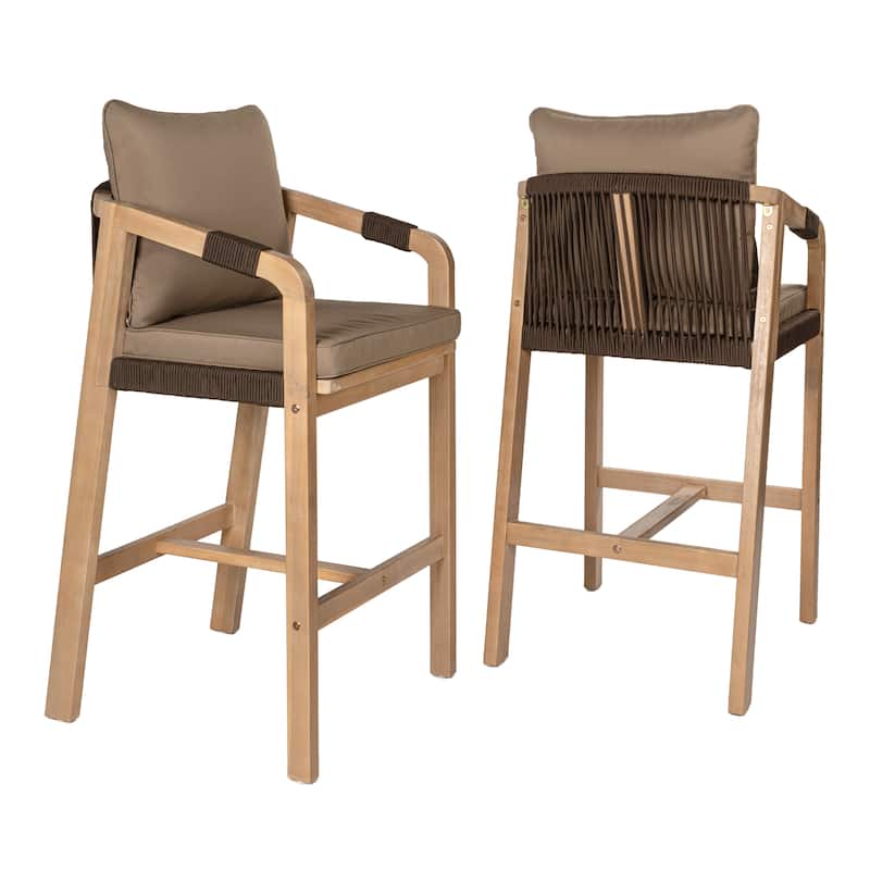 Outdoor Bar Stool with Cushions & Armrests, (Set of 2) by JONATHAN Y - Light Teak