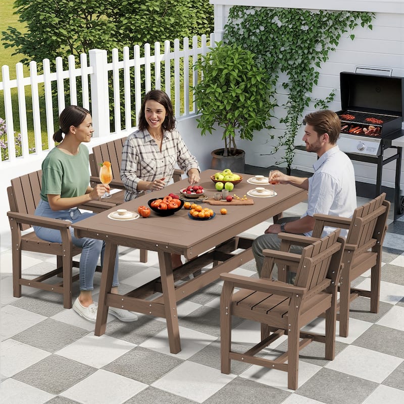HDPE Patio Dining Set with Rectangular 67.91in W Table with Umbrella Hole and 4 Chairs - N/A