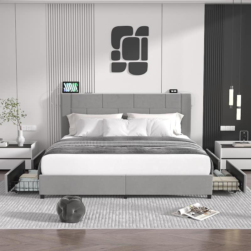 VECELO Upholstered Storage Bed Frame with 2 Side USB Ports and 4 Big Space Drawers, Velvet Headboard and Charging Station-Ports - Drak Grey - King