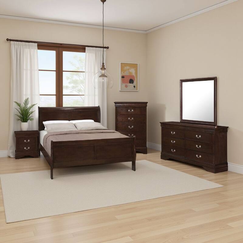 Nim 5pc Queen Sleigh Bedroom Set, Nickel Drop Handles, Dark Brown Wood