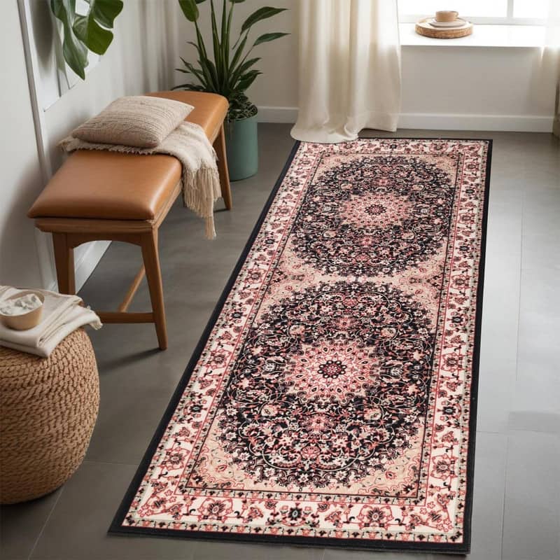 Superior Chatou Floral Medallion Washable Indoor Runner or Area Rug - 2' x 6' Runner - Black-Ivory