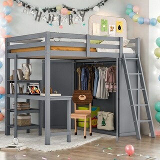 Full Size Loft Bed with Wardrobe and Desk, Maximized Space, Grey