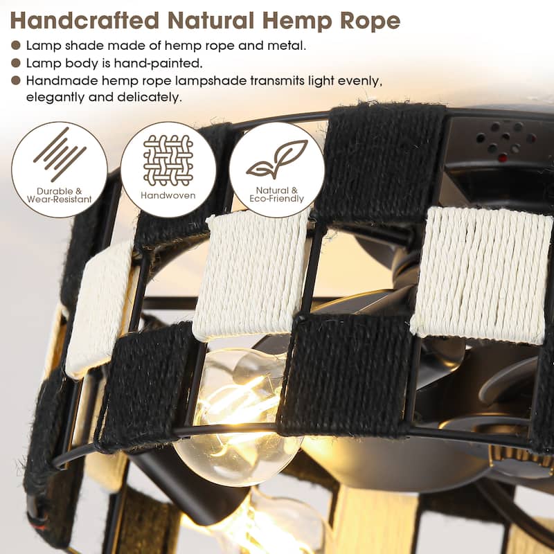 17.7" Black Hand-Woven Hemp Rope Caged Ceiling Fan Light with Remote and App