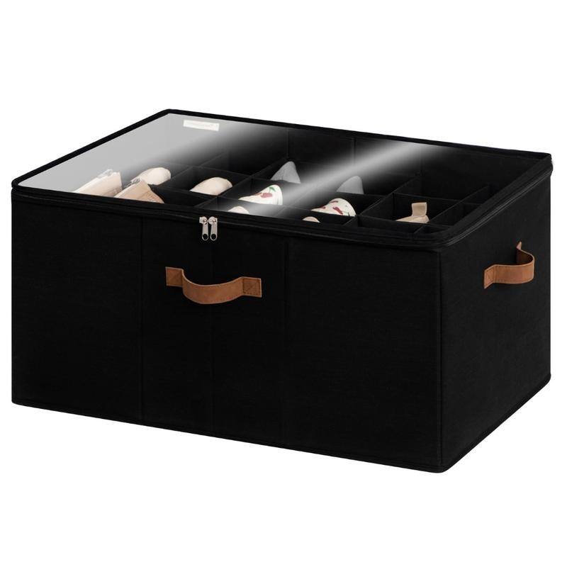 Shoe Organizer,Adjustable Dividers & Clear Cover - Black - Large