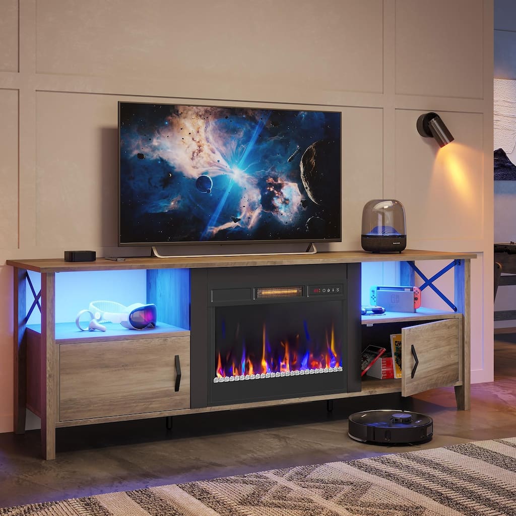 Bestier 63" TV Stand, LED Media Console with Storage, with Electric Fireplace and LED and Adjustable Storage Cabinet
