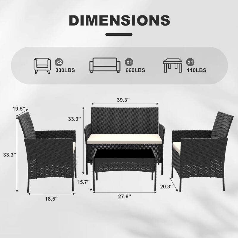 4-Piece Patio Rattan Furniture Set with Tempered Glass Table for Garden