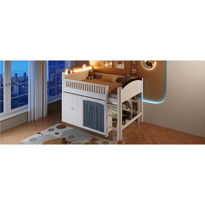 Roomfitters Twin/Full Size Loft Bed with Storage Cabinet, Wardrobe and LED Light