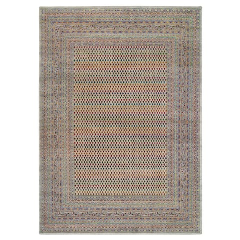 Shahbanu Rugs Hand Knotted Beige Sarouk Mir Inspired With Repetitive Boteh Design Colorful Wool And Sari Silk Rug (8'8" x 12'2")