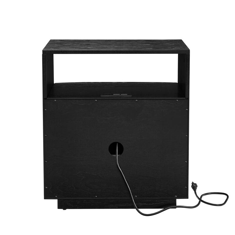 Mid Century Modern Nightstand with Charging Station & Outlet Hole & 2 Solid Wood Drawers