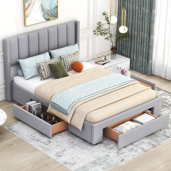 slide 2 of 17, Minimalist Design Full Size Upholstered Wooden Platform Bed with Headboard,3 Storage Drawers in Footboard Gray
