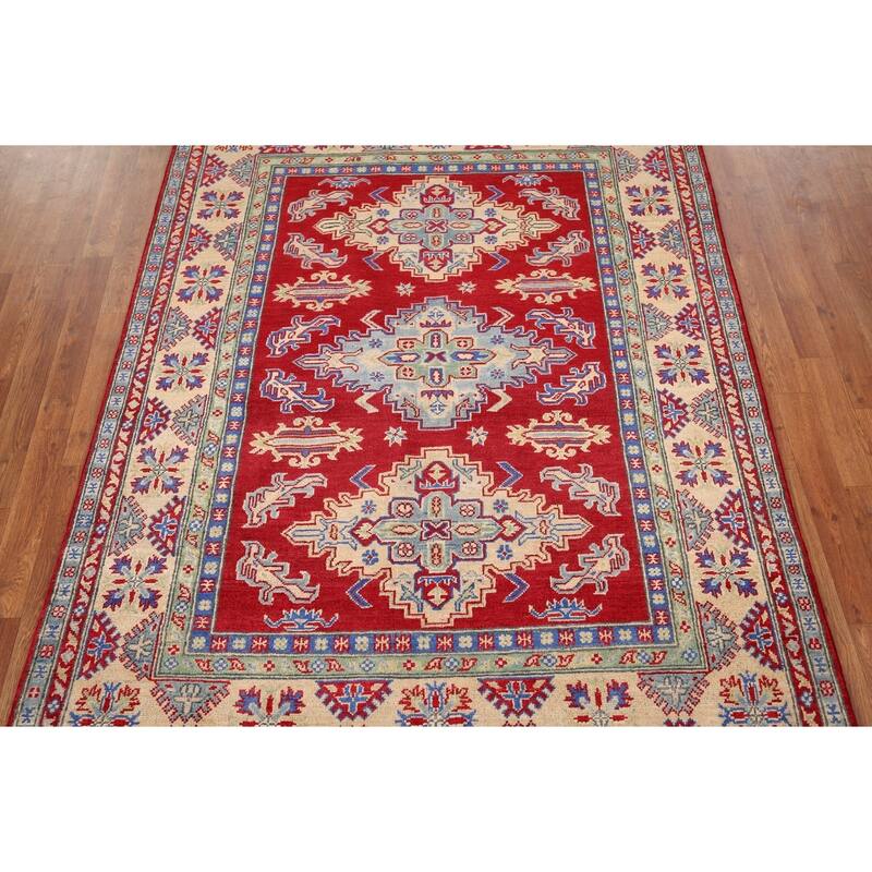 Geometric Red Kazak Rug Handmade Oriental Wool Carpet - 5'1" x 6'9"