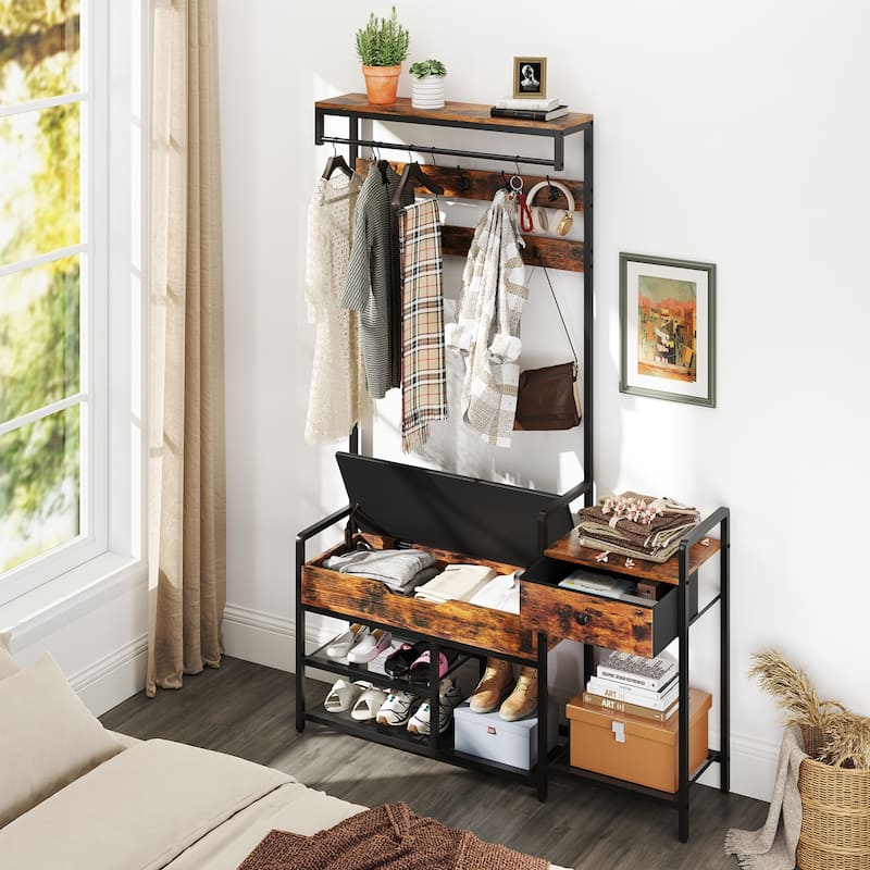 Rustic Brown Metal Hall Tree Bench with Hooks, Drawer, Shelves and Shoe Rack - 47.5" L x 12" W x 70" H