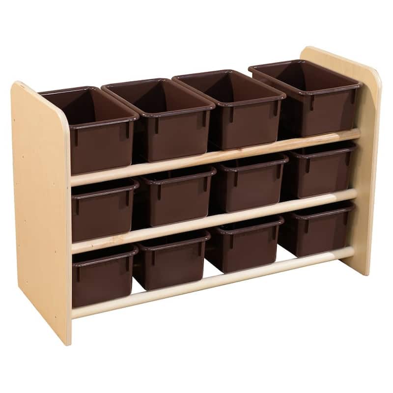 Sturdy 3 shelf Storage Rack with 12 Brown Trays, Birch Wood Storage Organizer Unit with Bins - 21"