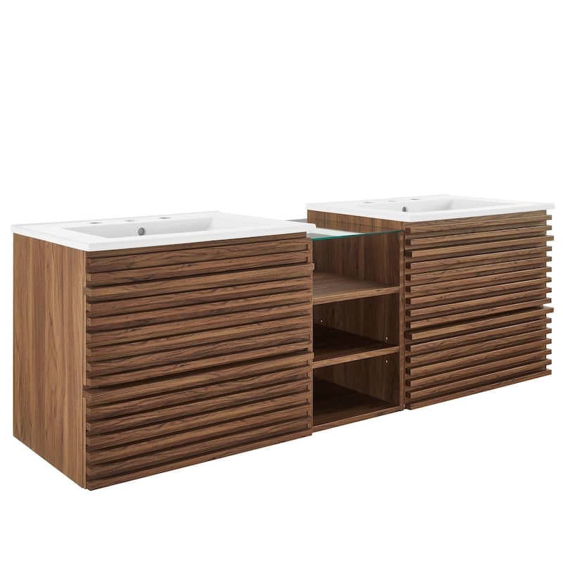 Render 62" Wall-Mount Double Sink Bathroom Vanity - Walnut White