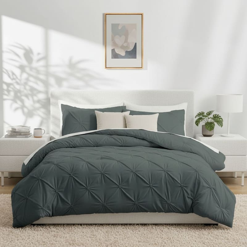 3 Piece Reversible Pintuck Pinch Pleat Bohemia and Tufted Clipped Comforter Set - Twin - Pintuck Charcoal Gray