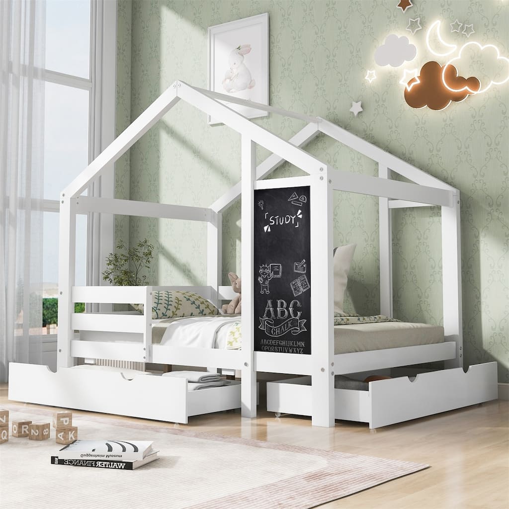 Merax Twin House Bed with Blackboard and Drawers, Two assembly options