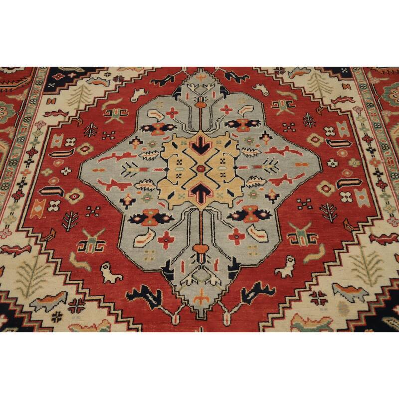 Hand Knotted Oriental 100% Wool Carpet Traditional Medallion Oranges & Rust Heriz (serapi) Area Rug - 8' 11'' X 6' 2''