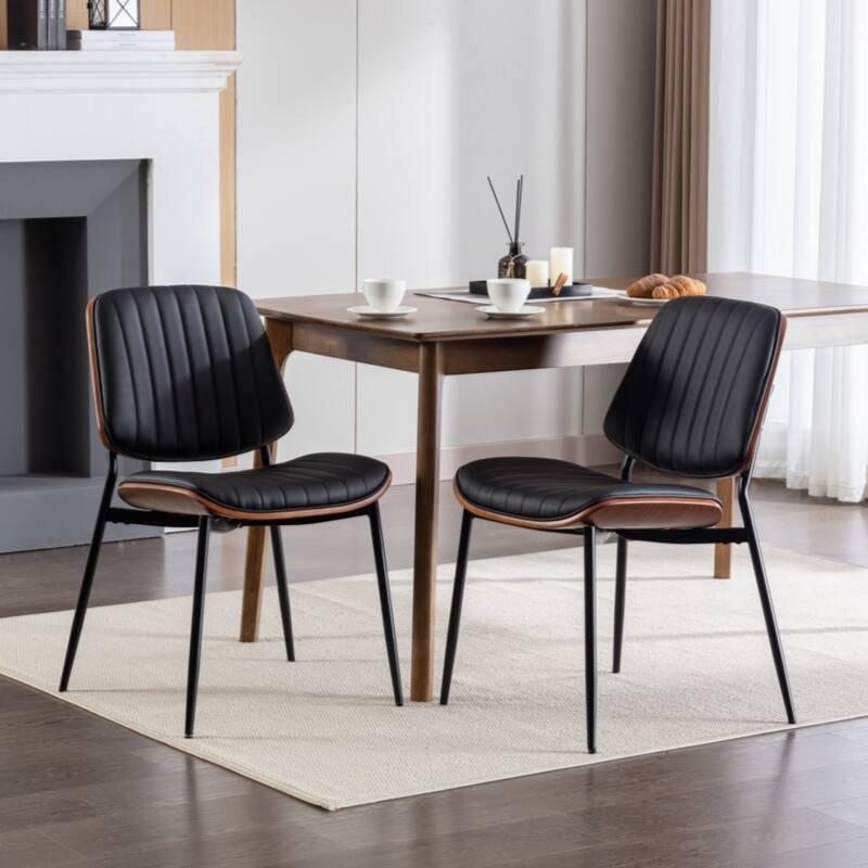 Dining Chairs Set of 2 Mid Century Modern Retro Faux Leather Chair with Walnut Bentwood Back - Black PU